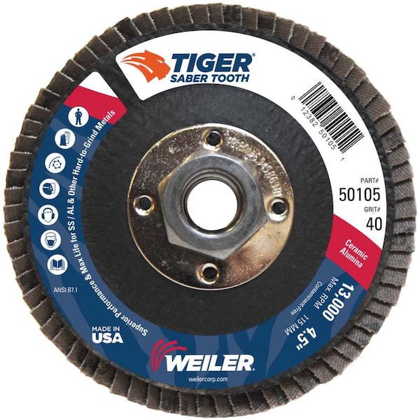 Weiler 4-1/2" Tiger Flap Disc, Conical (TY29), Phenolic Back, 40C, 5/8"-11 UNC 50105 - main